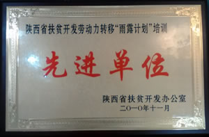 2010年11月  陜西省扶貧開發(fā)辦公室授予陜西省扶貧開發(fā)勞動力轉(zhuǎn)移“雨露計劃”培訓(xùn)先進單位.jpg